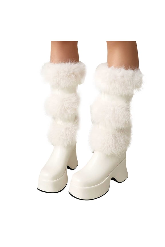 Women's Knee High Fuzzy Leather Platform Boots Wedge Thick Sole Round Toe Knee Length Fluffy Dress Boots White Size 5.5
