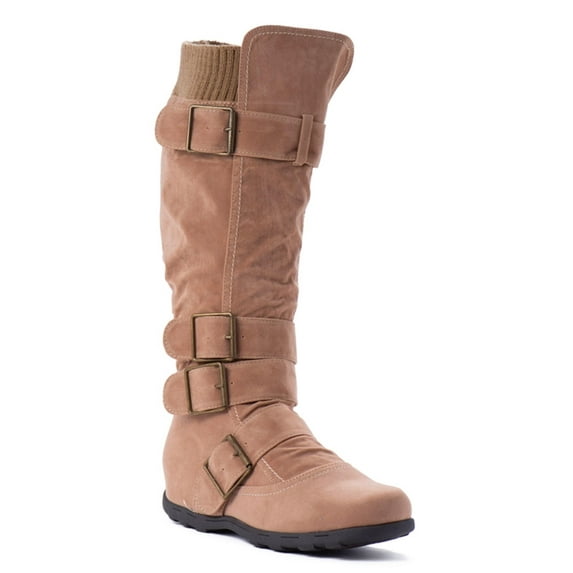 Women's Knee High Mid Calf Boots Ruched Suede Slouch Knitted Calf Buckles (Elma-02, Camel 8.5)