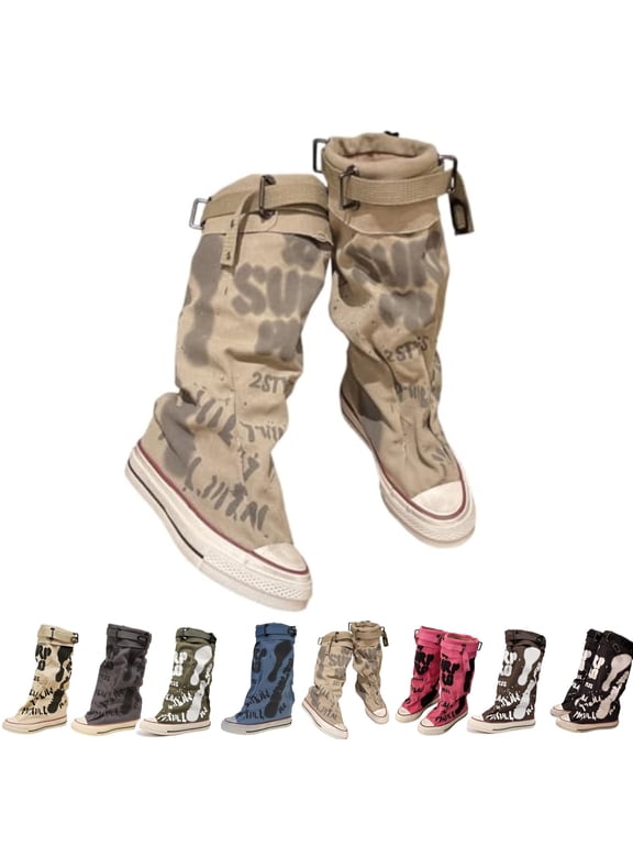 Women’s Knee High Punk Goth Boots, Wide Calf Lace-Up Canvas Boots with Buckles, Fold-Over Graffiti Print, Distressed Sole Streetwear