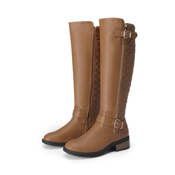 Dream Pairs Women's Low Block Heel Knee High Boots Round Toe Side Zipper Biker Motorcycle Buckle Riding Boots
