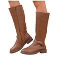 thumbnail image 1 of Women's Knee High Riding Boots Casual Leather Round Toe Low Heel Fashion Buckle Strap Mid Calf Motorcycle Booties Brown 6.5, 1 of 6