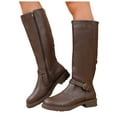 thumbnail image 1 of Women's Knee High Riding Boots Casual Leather Round Toe Low Heel Fashion Buckle Strap Mid Calf Motorcycle Booties Coffee 9, 1 of 6