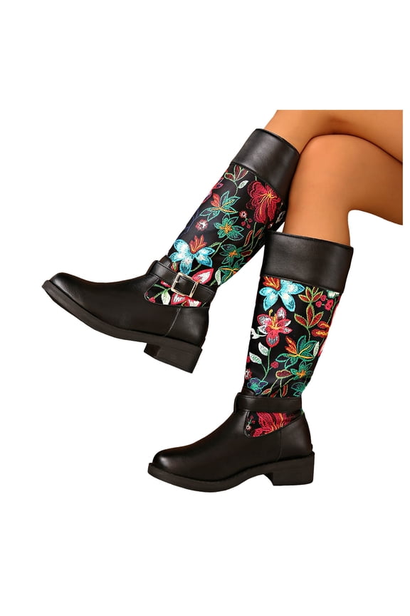 Women's Knee High Riding Boots Low Heel Breathable Fashion Embroidery Knee Length Motocycle Booties