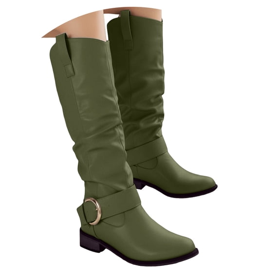 Women's Knee High Riding Boots Comfortable Low Chunky Heel Side Zipper Round Toe Wide Calf Boots Brown
