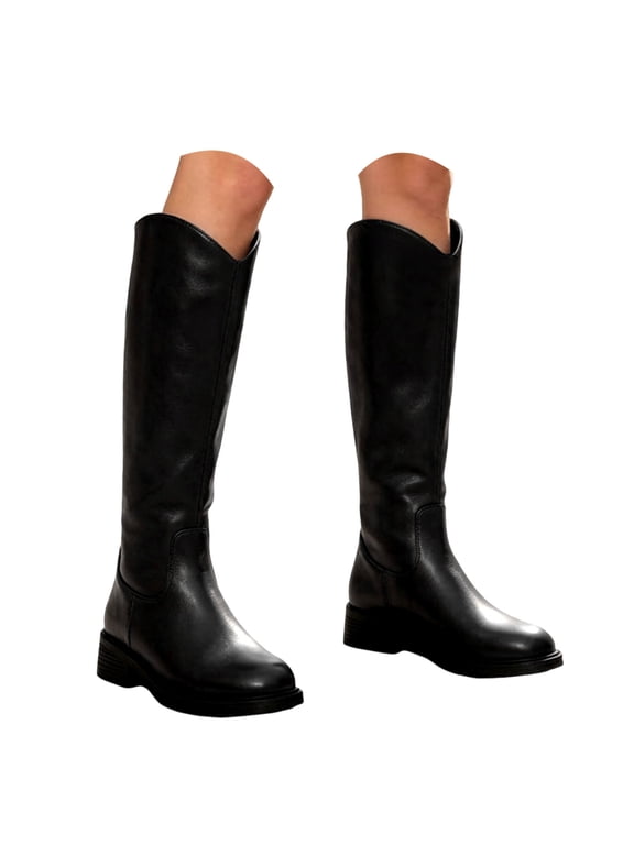 Women's Knee High Riding Boots Round Toe Low Heel Fashion Narrow Calf Pull on Mid Calf Motorcycle Boots for Outdoor