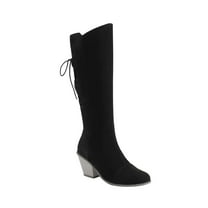 Women's Knee High Riding Boots Slip On Motorcycle Boots Square Toe Chunky Heel Fashion Buckles Biker Boots Black 4.5