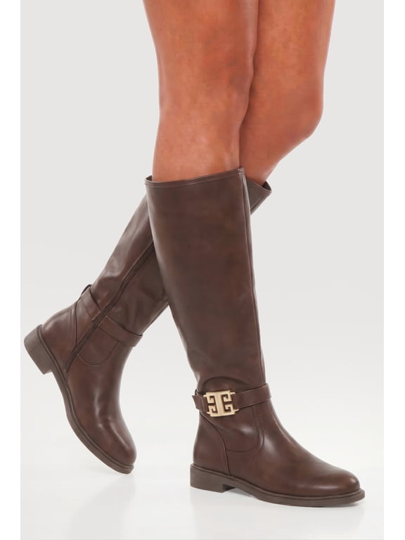 Women's Knee High Riding Boots with Greek Key Pendant