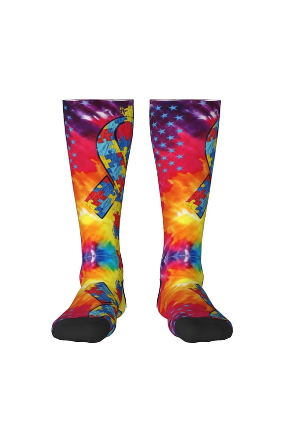 Women's Knee High Socks Autism Awareness Puzzle Flag Outdoor Casual Tube Socks