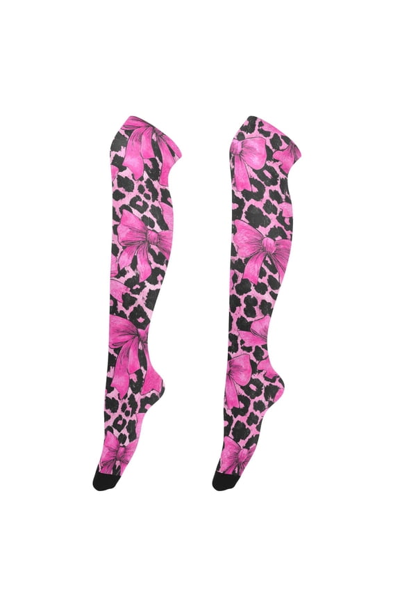 Women's Knee-High Socks Bow and Leopard Print High-Knee Stocking Suitable for Parties Home and Sports
