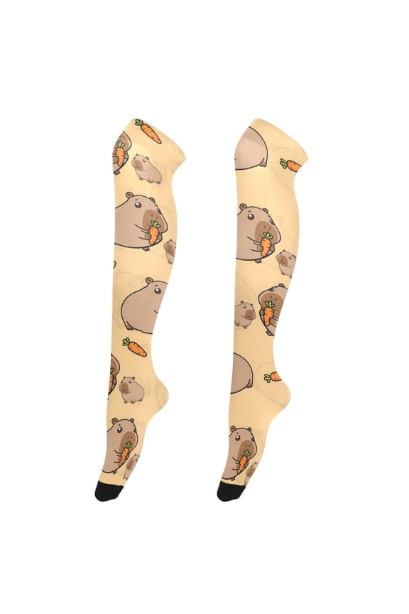 Women's Knee-High Socks Capybare Eating Pattern High-Knee Stocking Suitable for Parties Home and Sports