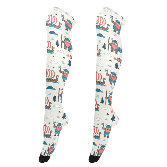 Women's Knee-High Socks Cartoon Vikings and Dragon High-Knee Stocking Suitable for Parties Home and Sports