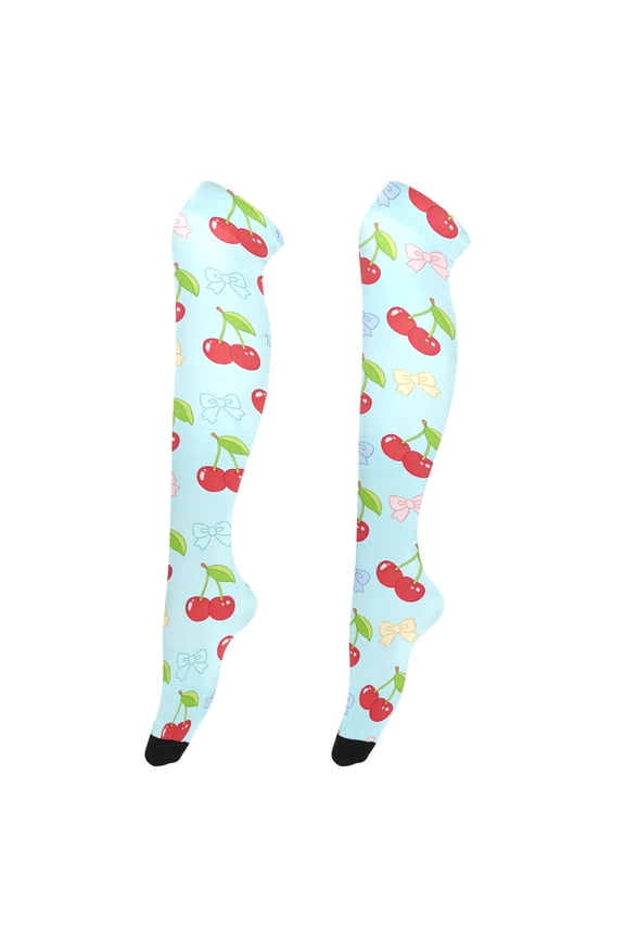 Women's Knee-High Socks Cherry Blue Bow High-Knee Stocking Suitable for Parties Home and Sports