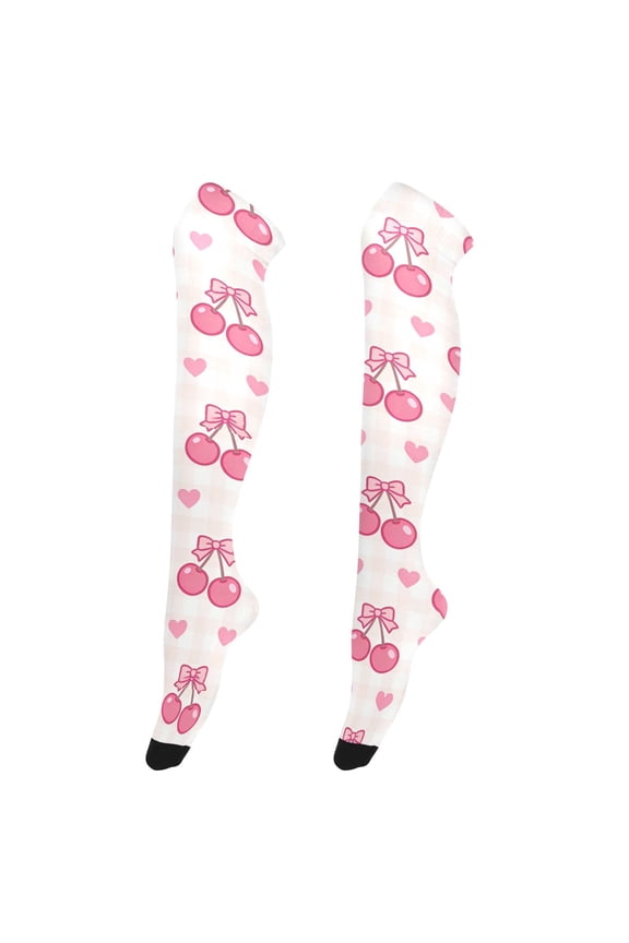 Women's Knee-High Socks Cherry Bow Heart High-Knee Stocking Suitable for Parties Home and Sports