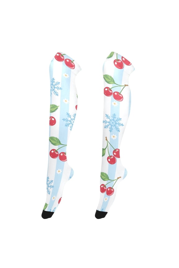 Women's Knee-High Socks Cherry Snowflake Stripe High-Knee Stocking Suitable for Parties Home and Sports