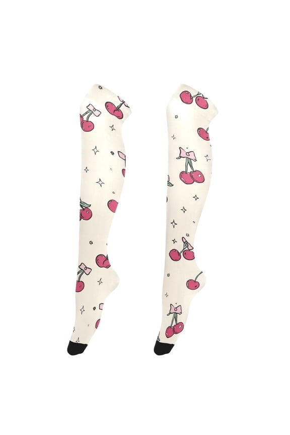 Women's Knee-High Socks Cherry and Bow High-Knee Stocking Suitable for Parties Home and Sports