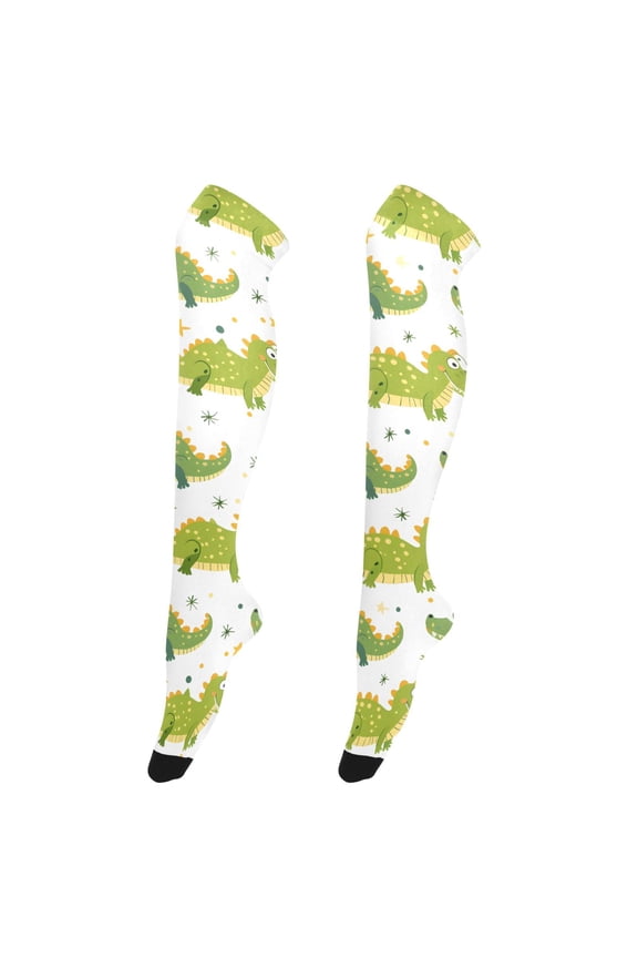 Women's Knee-High Socks Cute Crocodile Cartoon Wild Animals Background High-Knee Stocking Suitable for Parties Home and Sports