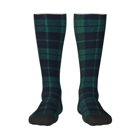 Women's Knee High Socks Deep Blue & Green Plaid Thermal Soft Knee Long Socks