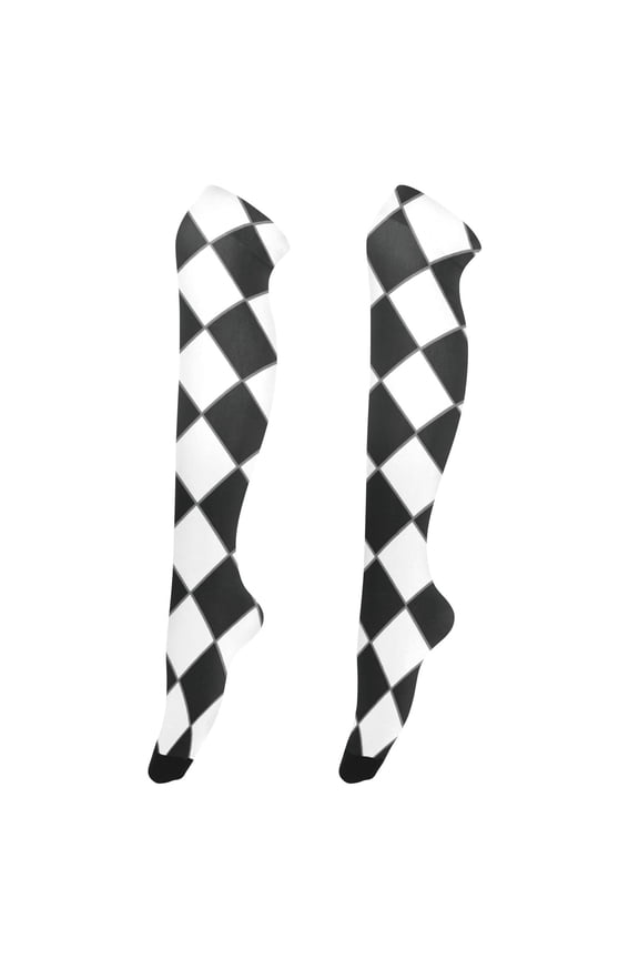 Women's Knee-High Socks Diamond Black and White Grid High-Knee Stocking Suitable for Parties Home and Sports