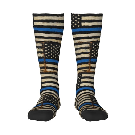 Women's Knee High Socks Distressed Thin Blue Line Flag Outdoor Casual Tube Socks