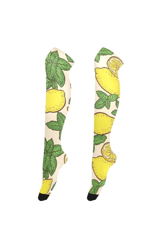 Women's Knee-High Socks Lemon Leaves Pattern High-Knee Stocking Suitable for Parties Home and Sports