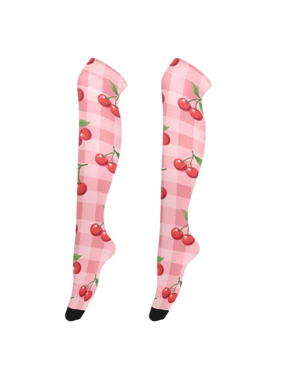 Women's Knee-High Socks Plaid Cherry High-Knee Stocking Suitable for Parties Home and Sports