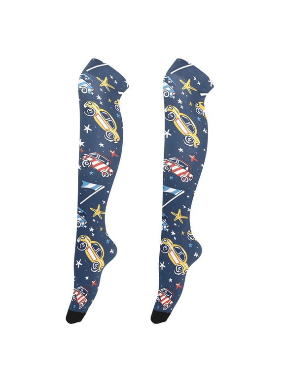 Women's Knee-High Socks Race Cars and Racing Flags High-Knee Stocking Suitable for Parties Home and Sports