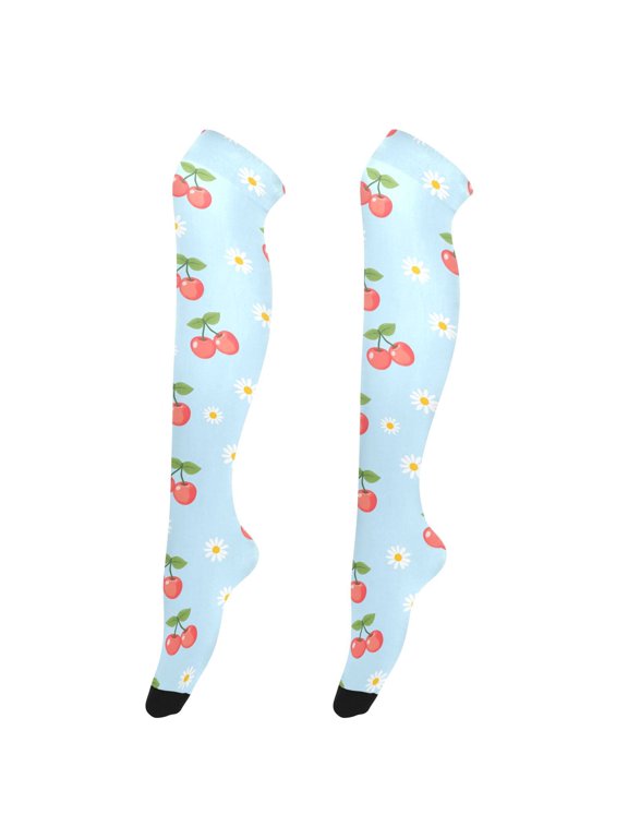 Women's Knee-High Socks Red Cherry Daisies High-Knee Stocking Suitable for Parties Home and Sports