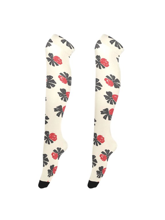 Women's Knee-High Socks Rose Flower Spread Tile Bow Red High-Knee Stocking Suitable for Parties Home and Sports