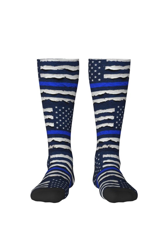 Women's Knee High Socks Thin Blue Line Flag Print Thermal Soft Knee Long Socks