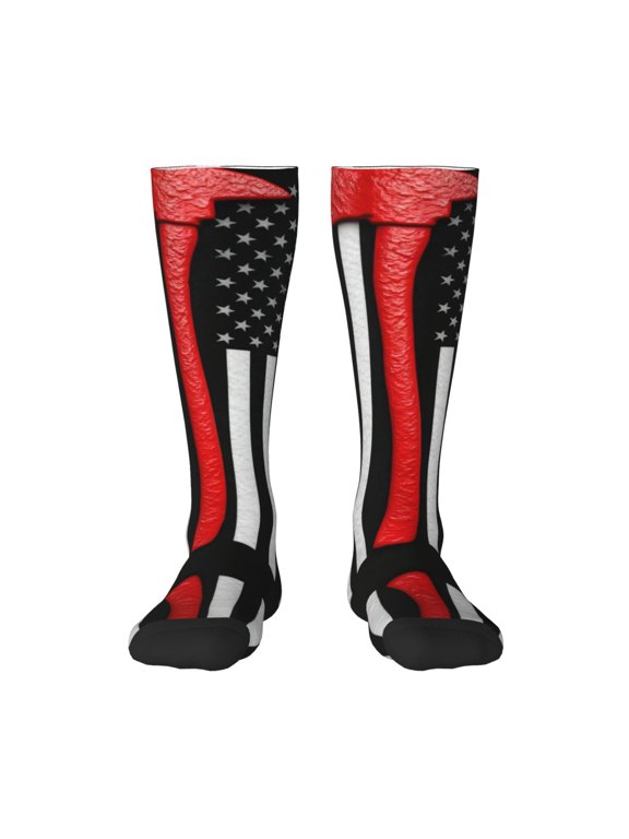 Women's Knee High Socks Thin Red Firefighter Line Axe Flag Pattern Outdoor Casual Tube Socks