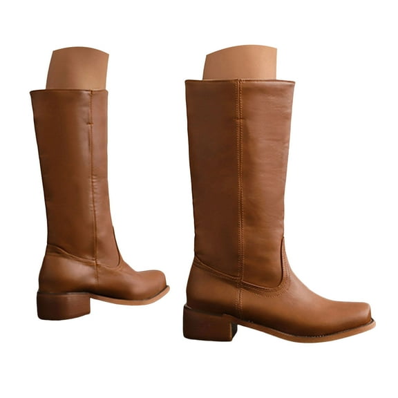 Women's Knee High Square Toe Block Heel Long Wide Riding Pull On Boots