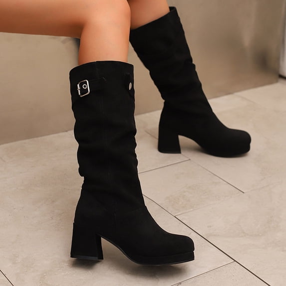 Women's Knee High Suede Square Toe Boots Block Heeled Boots