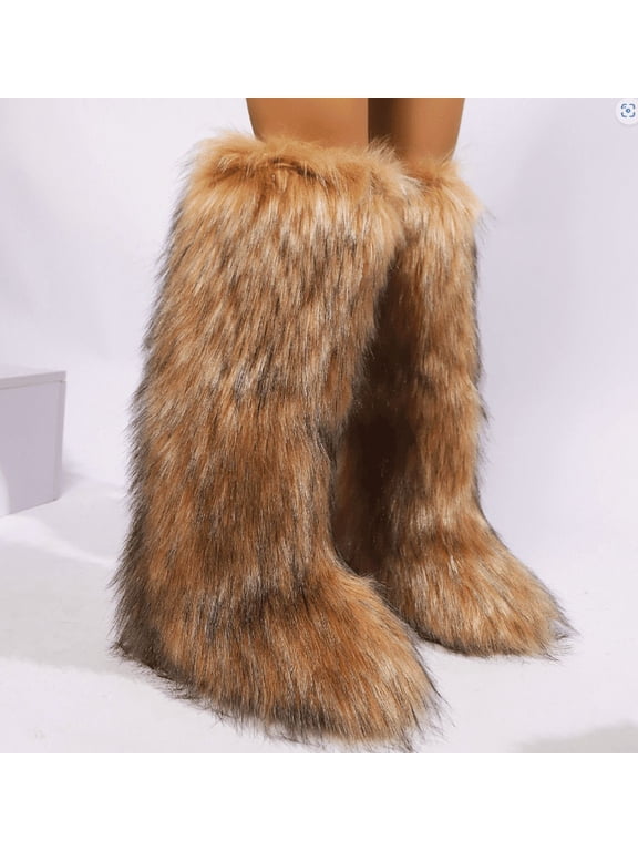 Women's Knee-High Winter Boots with Plush Faux Fur Top, Round-Toe Flat Design for Ultimate Warmth, Indoor & Outdoor Comfort