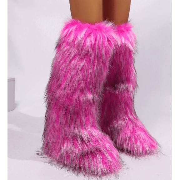 Women's Knee-High Winter Boots with Plush Faux Fur Top, Round-Toe Flat Design for Ultimate Warmth, Indoor & Outdoor Comfort