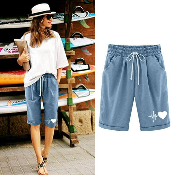 Women's Knee-Length Bermuda Casual Shorts with Elastic Waist Drawstring,Shorts for Women Heart Printed Beach Short Pants Plus Size