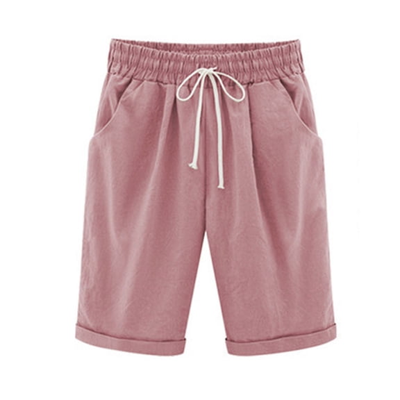 Women's Knee-Length Bermuda Casual Shorts with Elastic Waist Drawstring