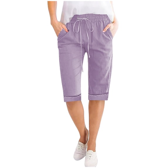 Women's Knee Length Capri Pants cotton linen drawstring capris Solid Color High Waist Casual Summer Pant Womens Capris for Summer Clearance