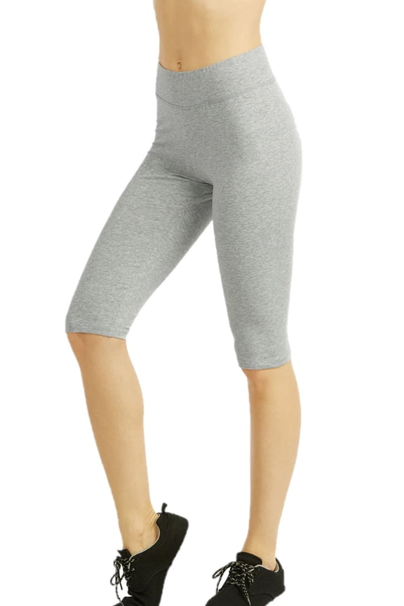 Women's Knee Length Cotton 21 Inch Outseam Shorts W/High Waistband Activewear/Leggings, Heather Grey-L, 1 Pack
