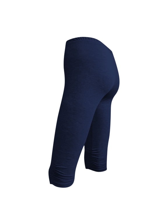Women's Knee Length Cotton Capri Leggings with Pockets, High Waisted Casual Summer Yoga Workout Exercise Pants Navy L
