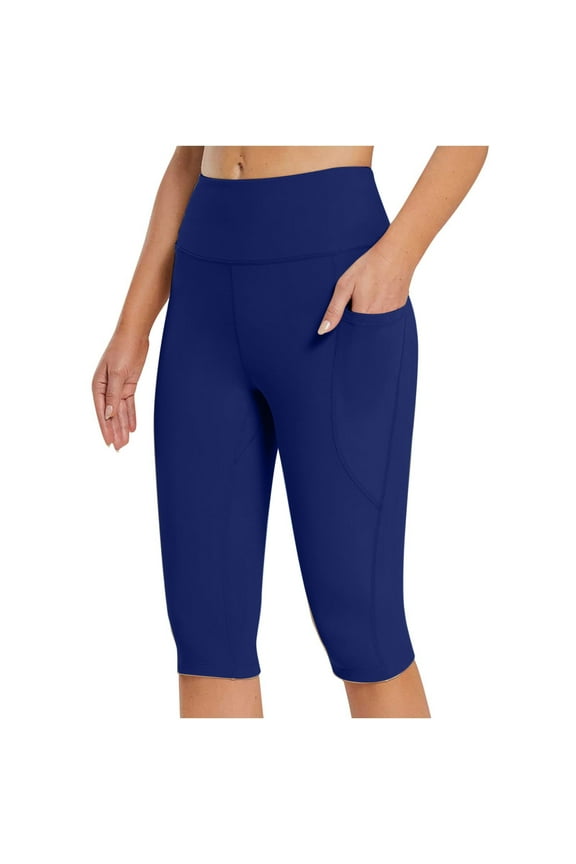 Women's Knee Length Cotton Capri Leggings with Pockets, High Waisted Casual Summer Yoga Workout Exercise Pants