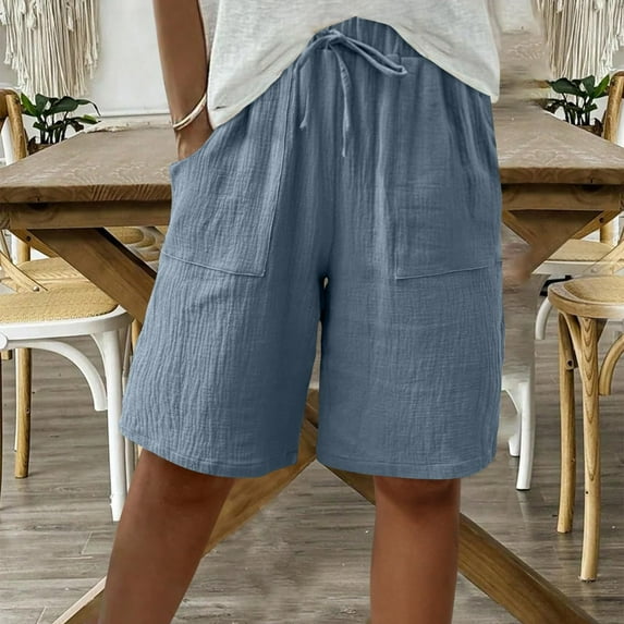 Women's Knee Length High Waist Drawstring Casual Summer Wide Leg Shorts, Blue S-3XL