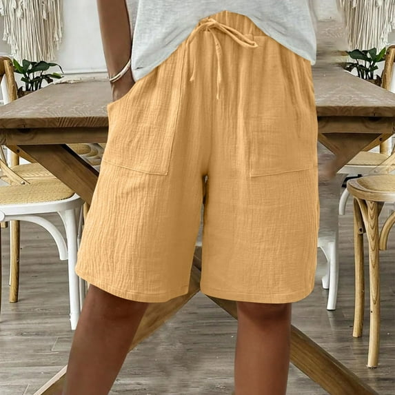 Women's Knee Length High Waist Drawstring Casual Summer Wide Leg Shorts, Yellow S-3XL