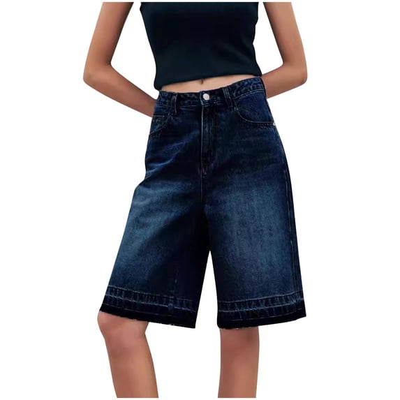 Women's Knee Length Jean Shorts High Waist Straight Leg Button Denim Shorts Casual Summer Fashion Outdoor Bottoms