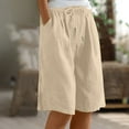 thumbnail image 1 of Women's Knee Length Loose Wide Leg Cotton Linen Shorts with Pockets Elastic Waist Casaul Plain Long Summer Bermuda Cargo Work Shorts Khaki XL, 1 of 7