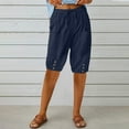 thumbnail image 1 of Women's Knee Length Pants Elastic High Waist Drawstring Short Loose Casual Button Cotton Shorts with Pockets, 1 of 5