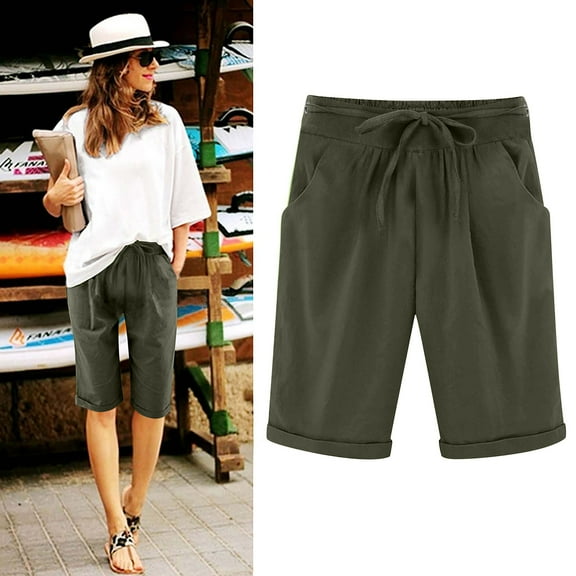 Women's Knee Length Pants Elegant Baggy Breathable Soft Lounge Shorts for Summer Trendy Casual Drawstring Elastic Waist Solid Color Wide Leg Shorts with Pockets