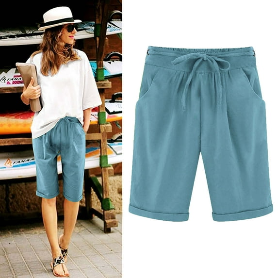 Women's Knee Length Pants Elegant Baggy Breathable Soft Lounge Shorts for Summer Trendy Casual Drawstring Elastic Waist Solid Color Wide Leg Shorts with Pockets