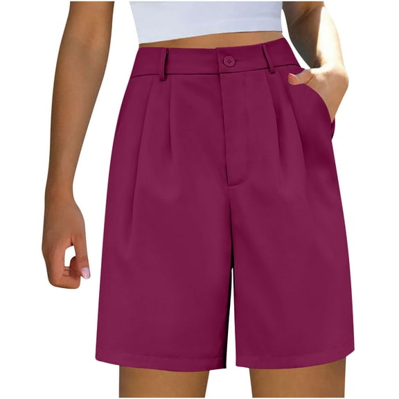Women's Knee Length Pants Straight&Wide Leg High Waist Button Solid Color Pullover Casual Shorts with Pockets Breathable Business Formal Office Shorts for Summer