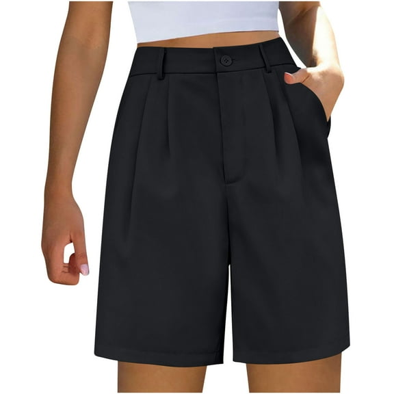 Women's Knee Length Pants Straight&Wide Leg High Waist Button Solid Color Pullover Casual Shorts with Pockets Breathable Business Formal Office Shorts for Summer