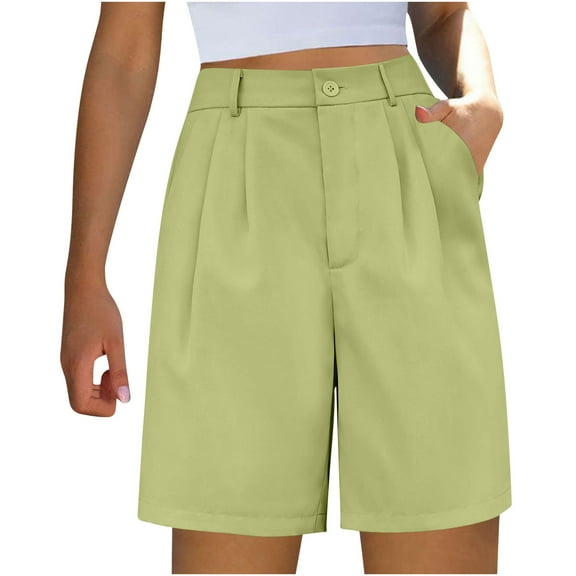 Women's Knee Length Pants Straight&Wide Leg High Waist Button Solid Color Pullover Casual Shorts with Pockets Breathable Business Formal Office Shorts for Summer